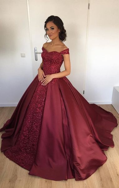 

off the shoulder burgundy ball gown bridal dresses shinning satin wedding dresses applique lace bridal dress ball dresses red dress, White