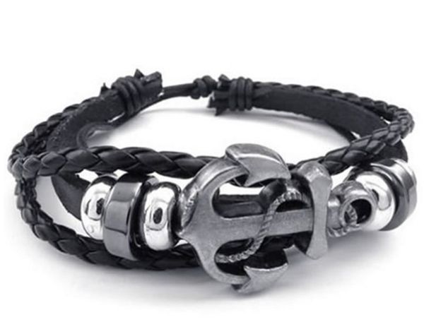 

Mens Womens Leather Bracelet Vintage Anchor Charm Bangle Fit 7-9 inch Black Silver Drop Shipping