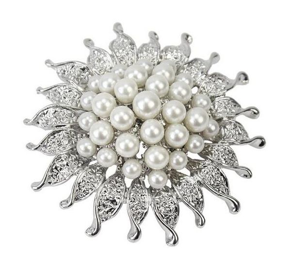 

vintage style 2 inch silver sun flower brooch with ivory cream pearls party prom bouquet pins, Gray