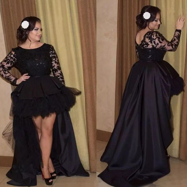 

plus size high low prom dresses black long sleeve lace tulle satin short front long back party gowns custom size