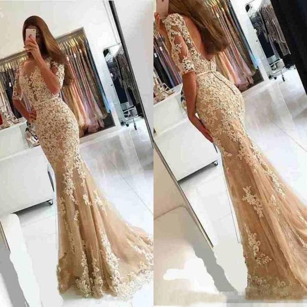 

abendkleider Lace Mermaid Evening Dresses Sheer Neck Champagne Plus Size Formal Dresses Long Arabic Formal Party Gowns