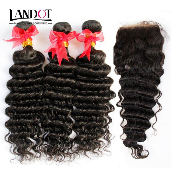 Russian Virgin Hair Deep Wave With Closure 7A Unprocessed Curly Human Hair Weaves 3 Bundles And 1Piece Top Lace Closures Natural Black Wefts