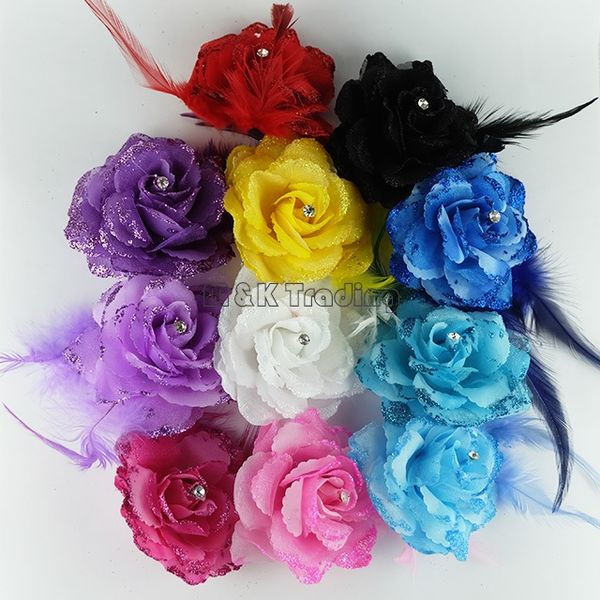 

new fake flower glitter powder pretty artificial flower feather decoration rhinestones rose mix colors ship