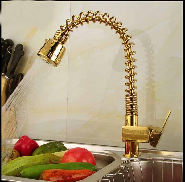 

New Golden Brass Kitchen Faucet Single Square Handle Sink Mixer Waterfall Spout
