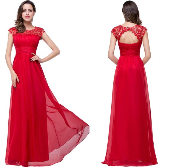 

red lace crystal beads chiffon evening dresses 2016 sheer jewel neck cap sleeves hollow back long prom dresses vestidos bridesmaid gowns, Black;red