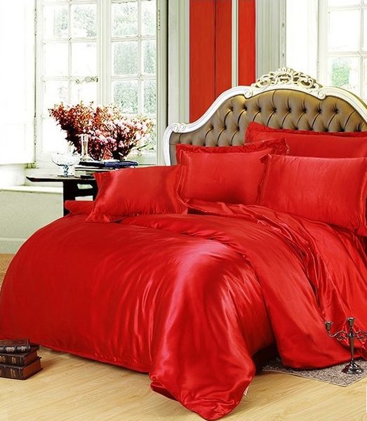 Red Silk Bedding Set Super King Size Queen Full Twin Satin Fitted