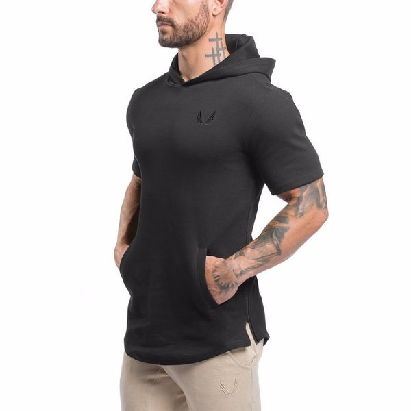 

Wholesale- Men Short Sleeve Hoodies Sweatshirt Gyms Bodybuilding Tops Casual Hoody Jacket Outwear Sporting Cotton Hoodies