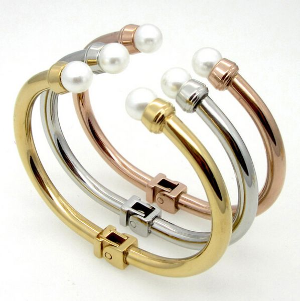 

fashion style never fade silver/gold/rose gold three tone 2.26'' 316l stainless steel open cuff bracelet with white pearl charms b, Black