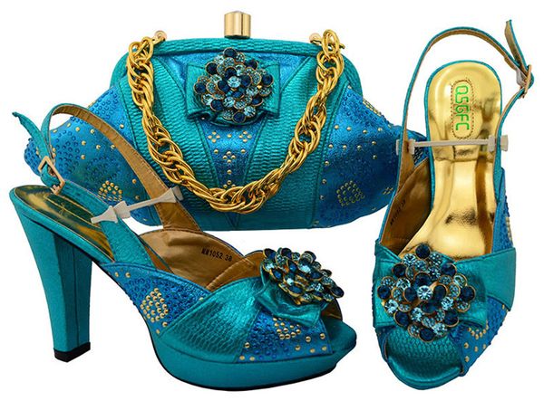 

Nice looking blue lady pumps with rhinestone and big crystal african shoes match handbag set for dress MM1052,heel 11CM
