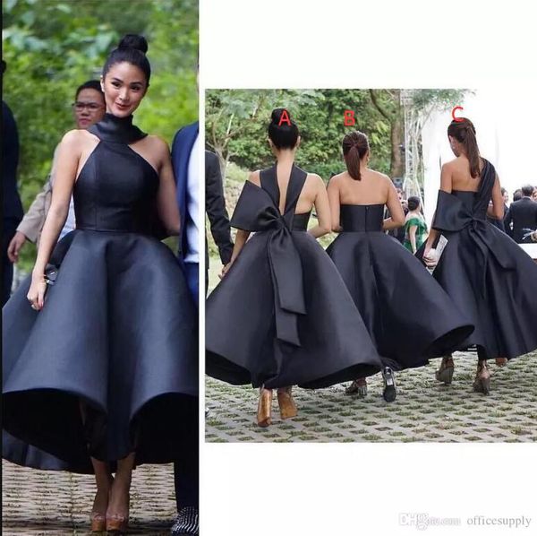 

elegant black 2018 arabic short bridesmaid dresses one shoulder ball gown satin maid of honor dresses tea length formal party gowns, White;pink