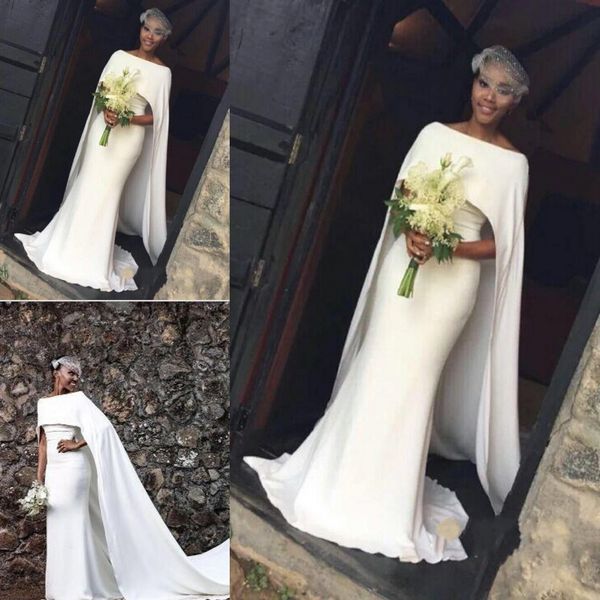 

2018 Latest Satin Mermaid Wedding Dresses Black Girl With Cape Zipper Back Arabic Bridal Dresses Wedding Gowns