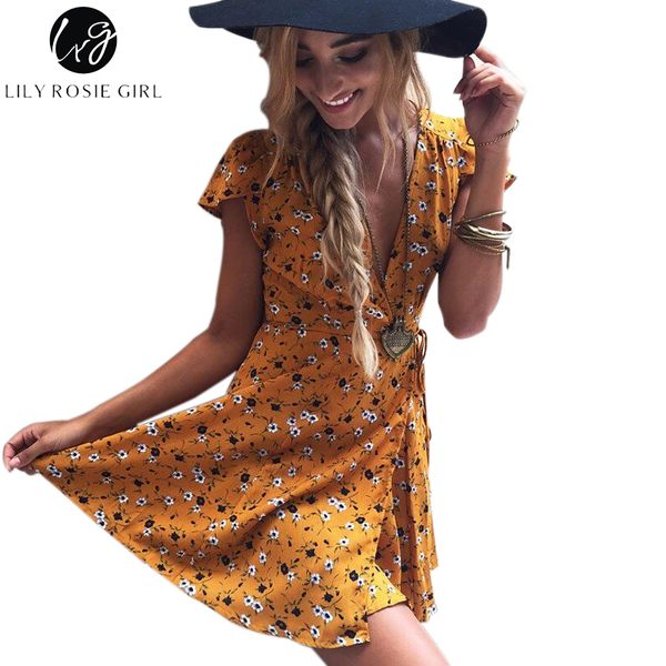 

wholesale- lily rosie girl women 2017 deep v-neck boho style summer party mini dress floral casual natural beach dresses vestidos, White;black