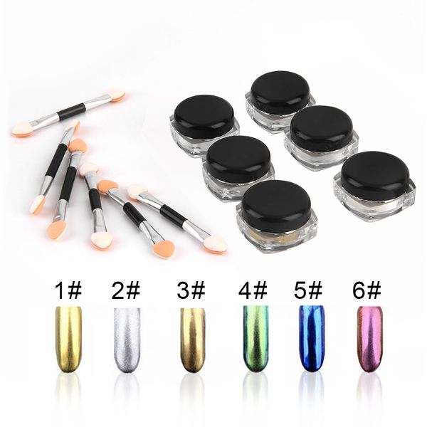 

wholesale- 6pcs/set nail glitter powder metal shinning mirror dust nail art diy rainbow chrome pigment glitters decoration with nail brush, Silver;gold