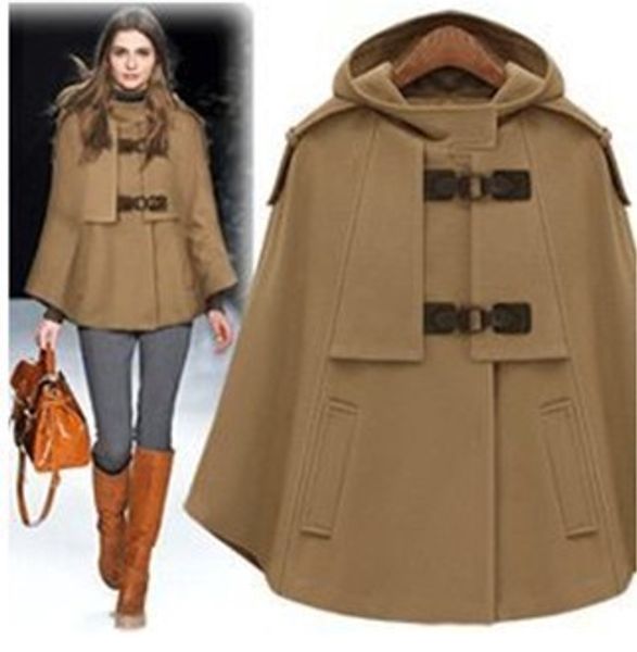 Wholesale-UK  New Fashion Autumn Winter Brown Navy Cashmere Hooded Cape Coat Nibbuns Women Cloak Casacos Femininos Free shipping