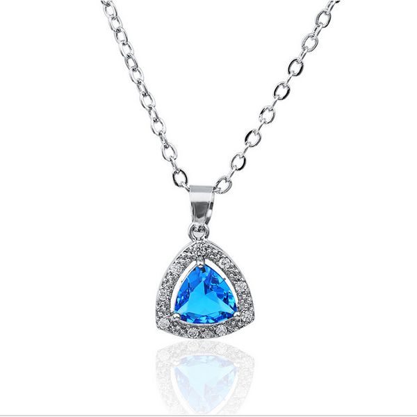 

classic blue pendant necklace luxurious bright zircon crystal jewlery copper material necklace for women gift jewelry 1404, Silver