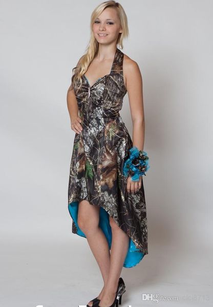 Auf Lager Mossy Oak Camo Brautjungfernkleider Maßgeschneidertes trägerloses Hi-Lo-Kurz-Camouflage-Hochzeitsfestkleid Camo und Blau2598