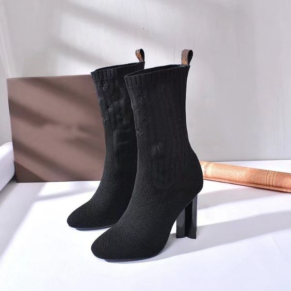 

original box]new luxury womens ankle hlaf high heel 10cm woolen sock-like booties ladies high boots aftergame quincunx heel size 35-40, Black