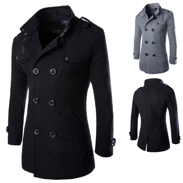 Fall-New Autumn 2016 Mens Woolen Coat Double-Breasted Stand Collar Overcoats For Men Fashion Casual Gray Trench Coats 2 Colors