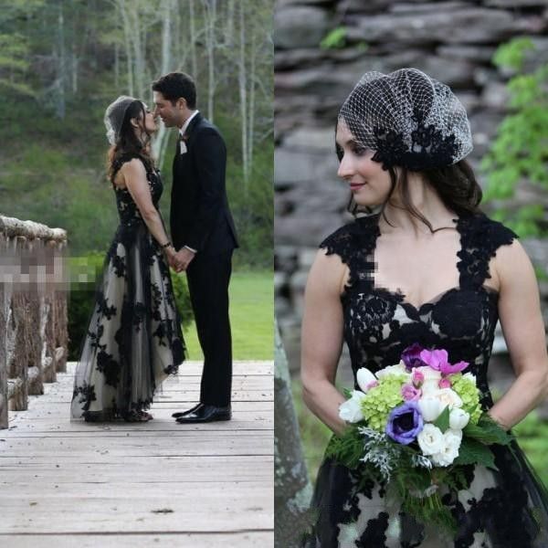 

vintage high low country wedding dresses black lace appliques bridal gowns sweetheart neck sheer straps sleeveless brides wear1671973, White