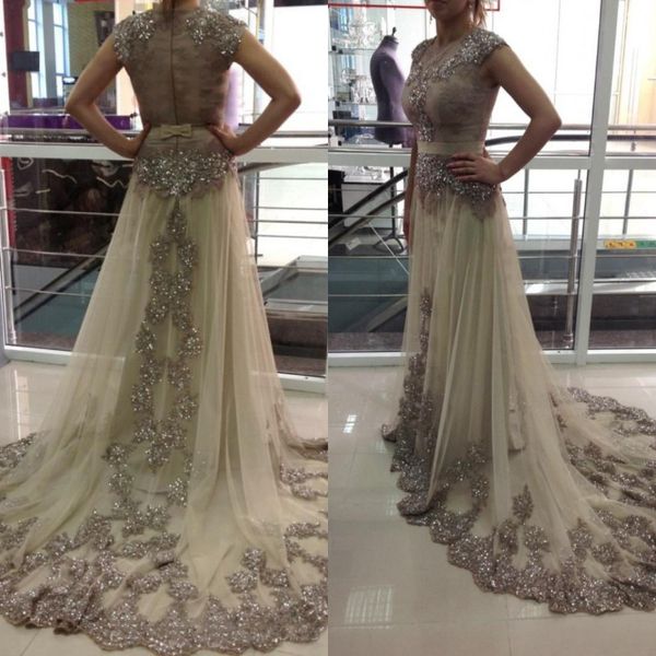 

arabic evening dresses a line champagne tulle prom gowns jewel neck cap sleeves sequins beads lace appliques sweep train, Black;red