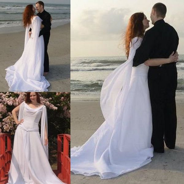 

retro celtic wedding dresses with long sleeves angel wings flowing chiffon sweep train lace-up beach bridal gowns modest sheath wedding gown, White