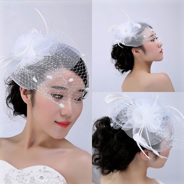 Vintage White Face Veil Bridal Hat with Tulle Feather - Affordable 2016 accessory for Brides