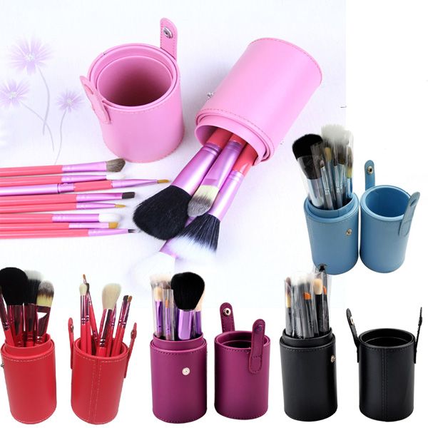 

12pcs/lot Makeup Tools Brushes Fashional Cosmetic Brush set kits Tool 5 Colors Facial Make up brushes with Cup Holder Case 0605005