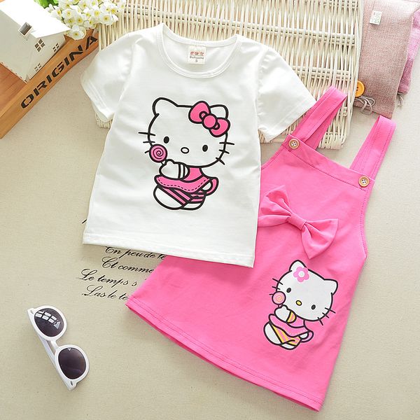 

wholesale-2pcs girls dress hello kitty lovely princess kids dresses for girls 2017 summer toddler girls clothing sets kids clothes z10, White
