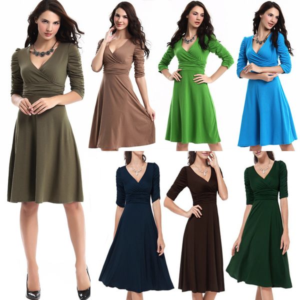 

women's clothing work dresses spring autumn half sleeve plus size elegant v-neck 1/2 sleeve solid color office dresswholesale ing, White;black