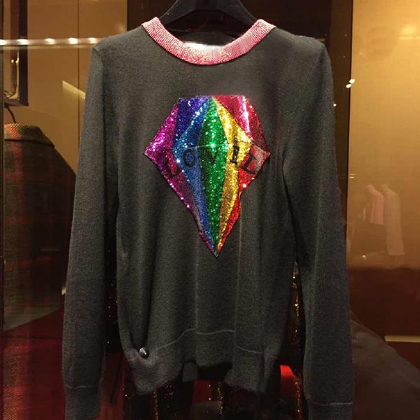 

wholesale- fashion 2017 runway designer sweater women's long sleeve diamond pattern sequined knitting pullover sweater, White;black