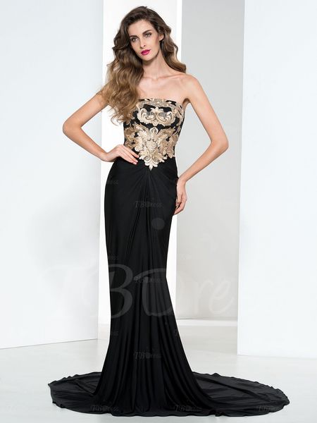 

2016 fashion new arrival charming strapless appliques zipper-up long mermaid black chiffon evening dresses 1100, Black;red