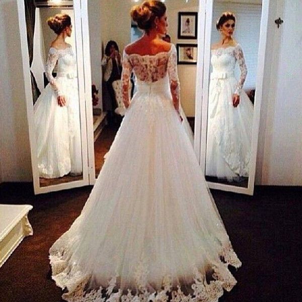 

princess maison yeya wedding dresses a line illusion neckline off the shoulder sheer long sleeves lace appliques sweep train bridal gowns, White