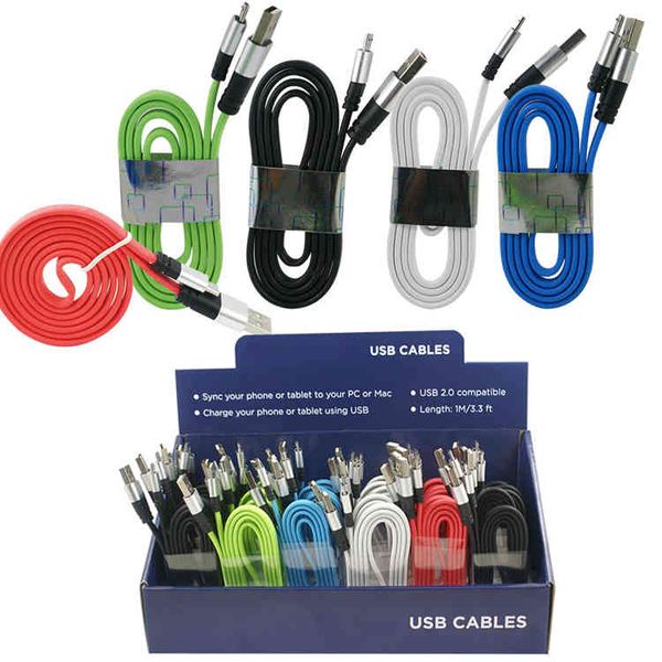 

1m 3ft metal head quick speed charger & sync data cable flat noodle charging cords micro usb for samsung display