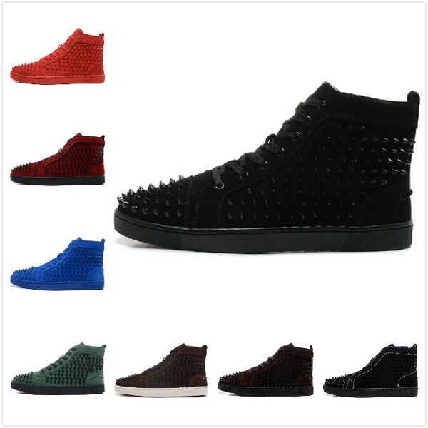 

size:36-46 men women black suede with spikes lace up high red bottom sneakers,designer brand winter casual shoes ing