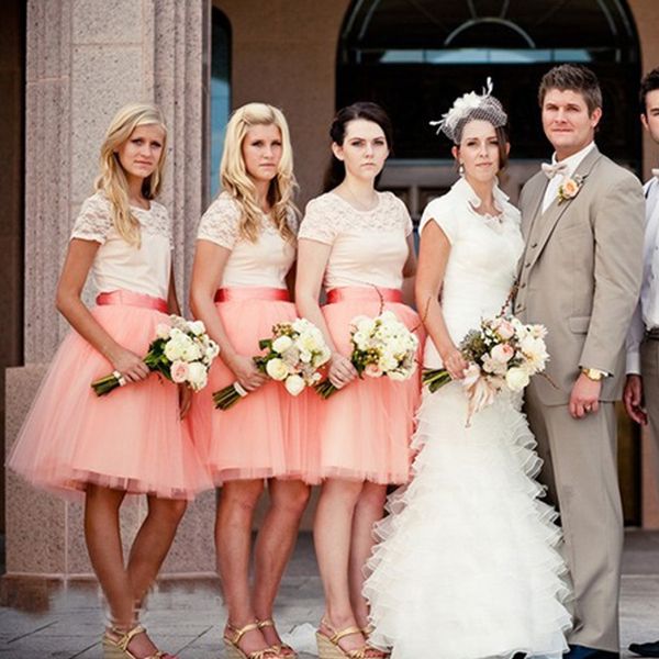 Incríveis damas de honra tutu vestidos barato de alta qualidade coral tulle inchado busto saias festa de casamento vestidos de dama de honra