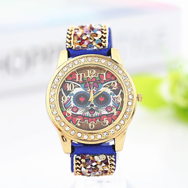 

special new cartoon geneva rhinestones stone watches velvet belt buckle watch luxury diamond women alloy watches owl wristwatch, Slivery;brown