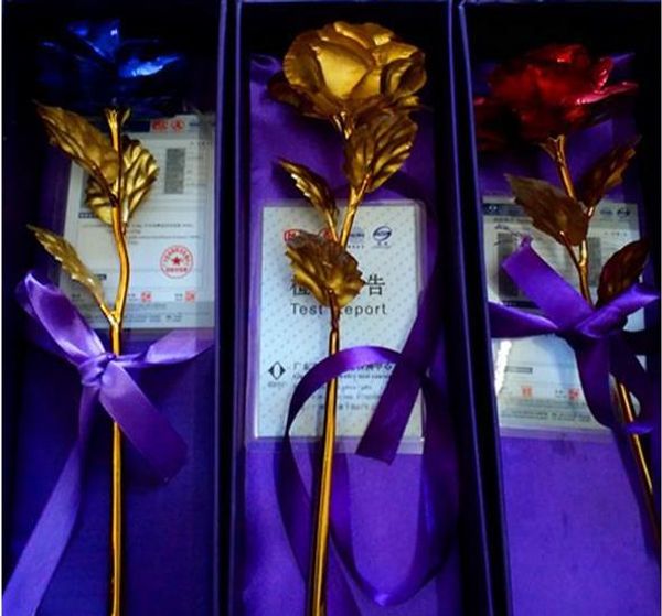 Нанесенный 24K золотой розовой цветок на День святого Валентина Подарок на вечеринке свадебной букет Золотой голубой красный с фиолетовой сумочкой+коробка капля подарки Dhl Dhl