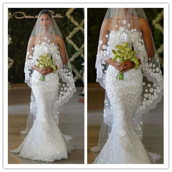 

2019 new elegant mermaid oscar del la renta spring bridal strapless lace floor length mermaid wedding dresses custom made bridal gowns, White
