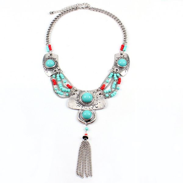 

европейский стиль турции серебро позолоченный сплав бирюзовые бусины резьба смолы кисточки ожерелье, Golden;silver