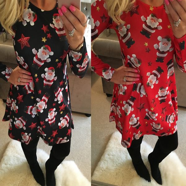 

S-5XL Womens A-Line Long Sleeved Santa Claus Christmas Print Flared A-Line Skater Short Dress Party Swing Dresses Clubwear