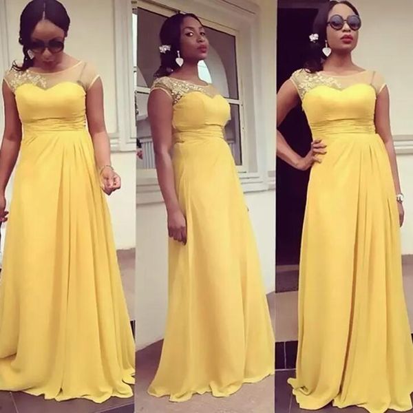 Estilo Africano 2017 amarelo chiffon dama dama de honra vestidos longo barato pura pescoço de manga tampada de manga de honra vestido de convidado festa de casamento en11247