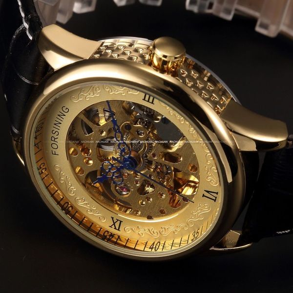 Оригинал Forsining Brand Luxury 2019 NEW! Мужские наручные часы для наручных часов Автоматические механические мужские золотые скелетные кожаные армейские наручные часы