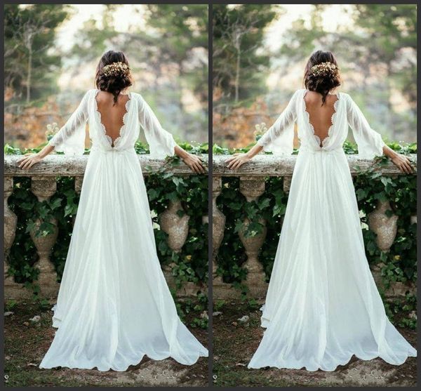 

2020 ivory lace 3/4 long sleeve backless bohemian wedding dresses 2017 summer court train flow chiffon plus size beach bridal gowns 356, White