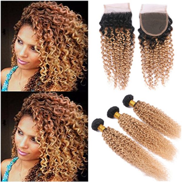 2019 Dark Root 1b 27 Honey Blonde Ombre Brazilian Virgin Kinky