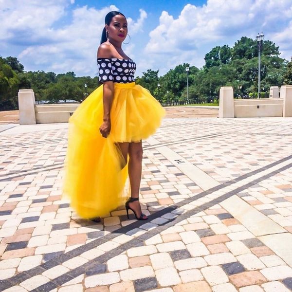 

2016 Spring Yellow Cheap High Low Adult Skirts Tutu Tulle Tiered Layers High Waist Bust Skirts Women Stylish Long Party Cocktail Dresses
