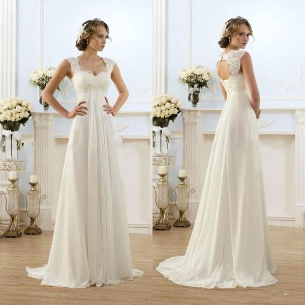 

2019 new bohemian wedding dresses beach sweetheart capped sleeves empire waist lace chiffon long beach bridal gowns, White