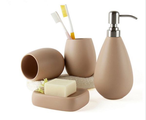 

eco friendly 4pc ceramic matte solid color soap dish dispenser shampoo bottle tumbler bathroom accessories set 5clolors available