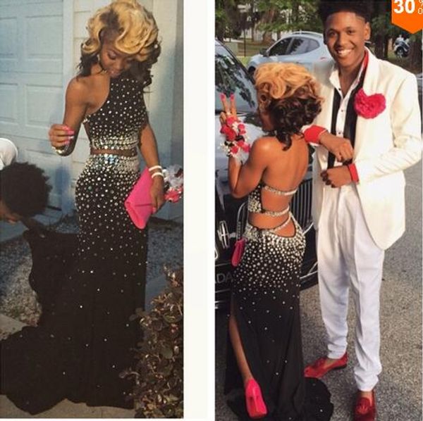 

black backless long two pieces mermaid prom dresses with shining crystal rhinestone african split evening dresses luxury women dresses, Black;red
