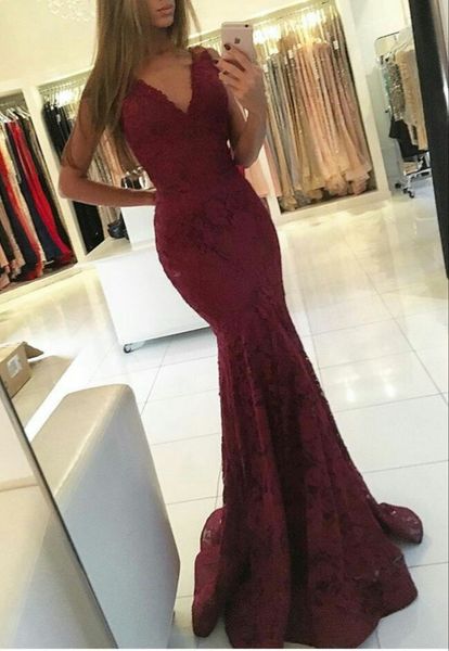 

lace mermaid evening dress long burgundy prom dresses v-neck zipper back sweep train ing, Black;red
