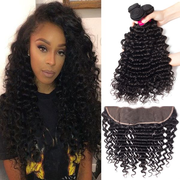 

brazilian peruvian malaysian indian hair deep wave hair 3 bundles ear to ear lace frontal closure with bundles 100% human hair extensions, Black;brown